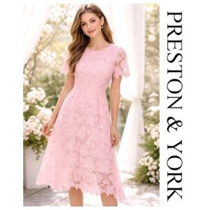 Preston & York Blush Pink Floral Lace Romantic Cottagecore Formal Midi Dress 12